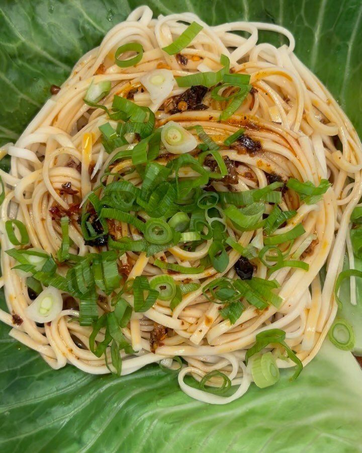 Used my beautiful @market_shares cabbage to hold my bed of chili oil + tsuyu noodles! 🥬🥬
I love how vibrant the cabbage leaves get after a quick steam. 🧖🏼&zwj;♀️